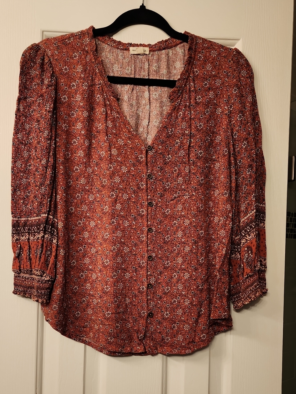 Boho Floral Button-Front Blouse in Rust